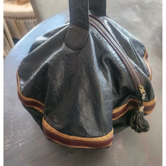 VINTAGE RARE 1970S B BARON BLUE Genuine Leather Handbag Women ROUND HIPPY BLUE - Picture 11 of 16